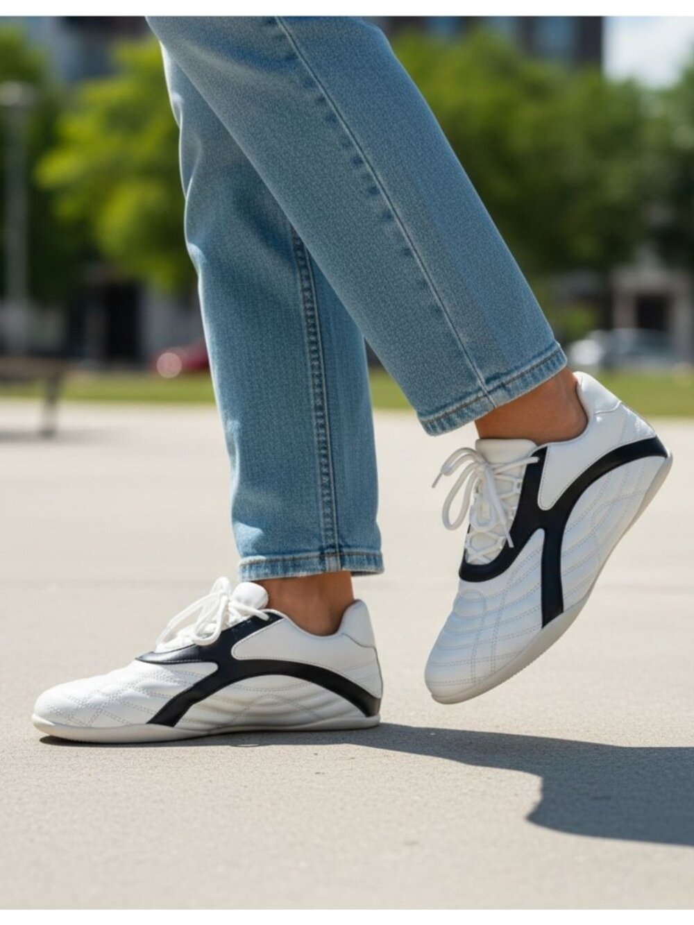 Quilted White Sneakers With Black Contrast Detailing Womens Casual Athletic Shoe